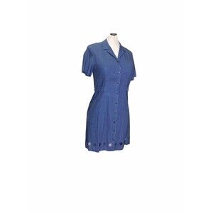 Sag Harbor Linen/Cotton Button Front Dress 12 Dark Blue Embroidery Granny,